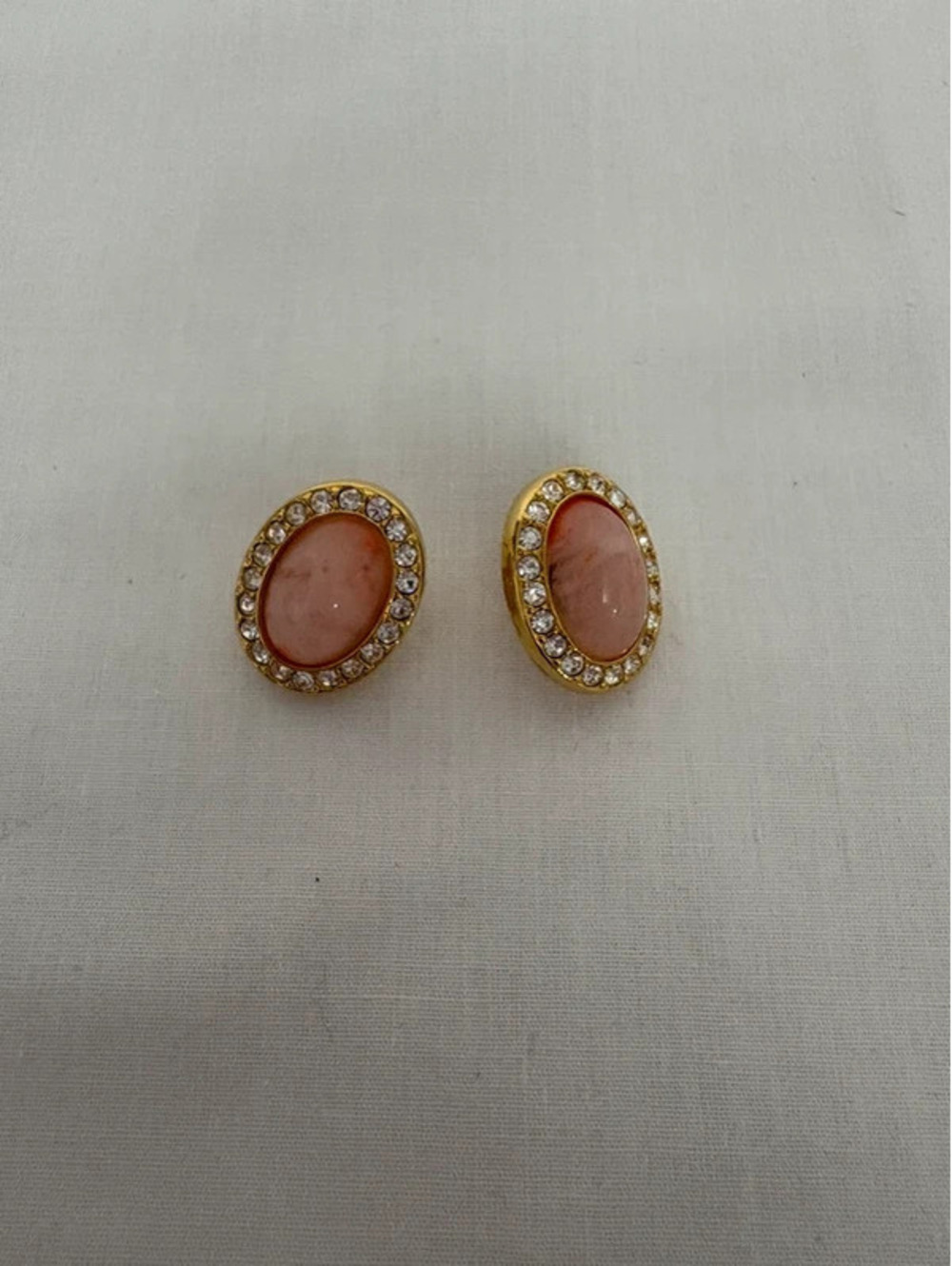 KJL Kenneth Jay Lane Pink Cabochon Rhinestone Oval Stud Earrings Gold Tone